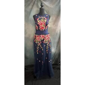 Simplee Navy Blue Floral Embroidered Tulle Maxi Dress Sleeveless Size Large
